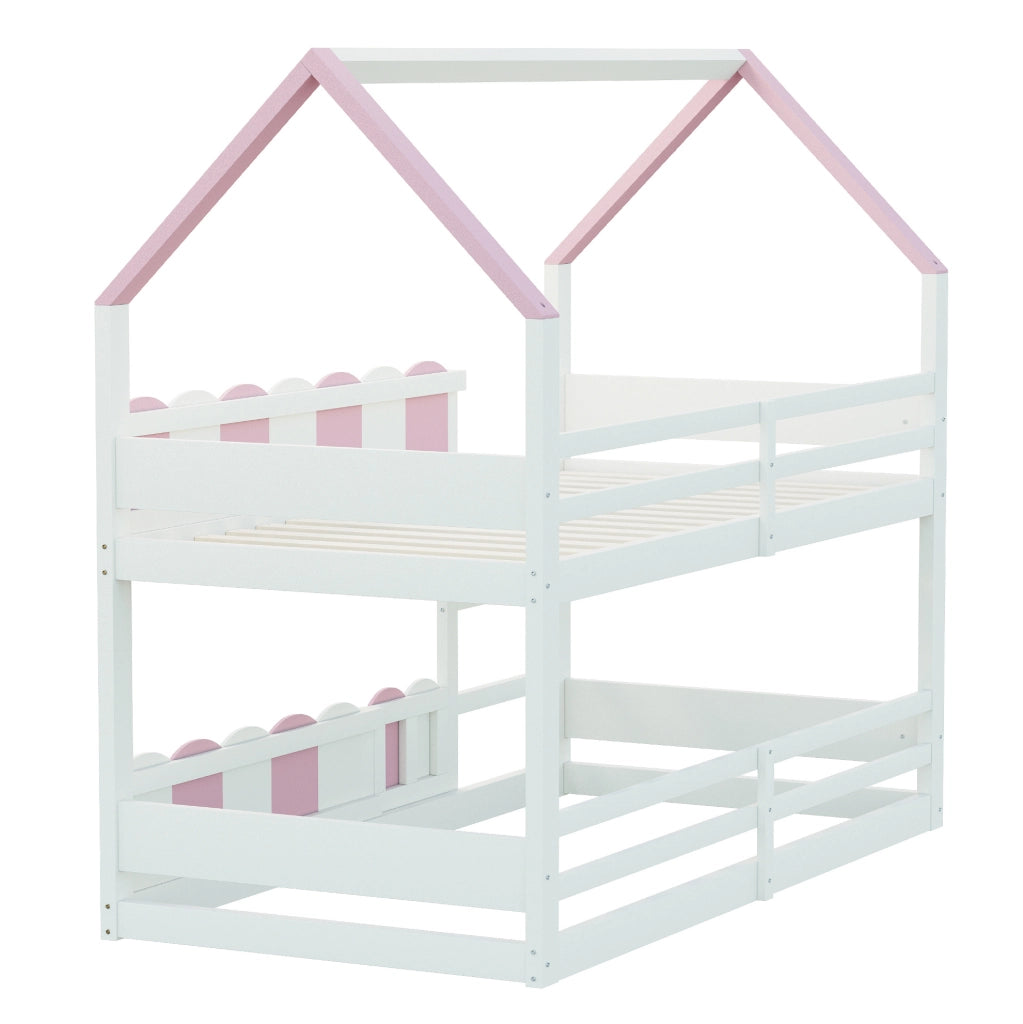 Letto a castello per bambini 90x200 cm a forma di casa rosa e bianco
