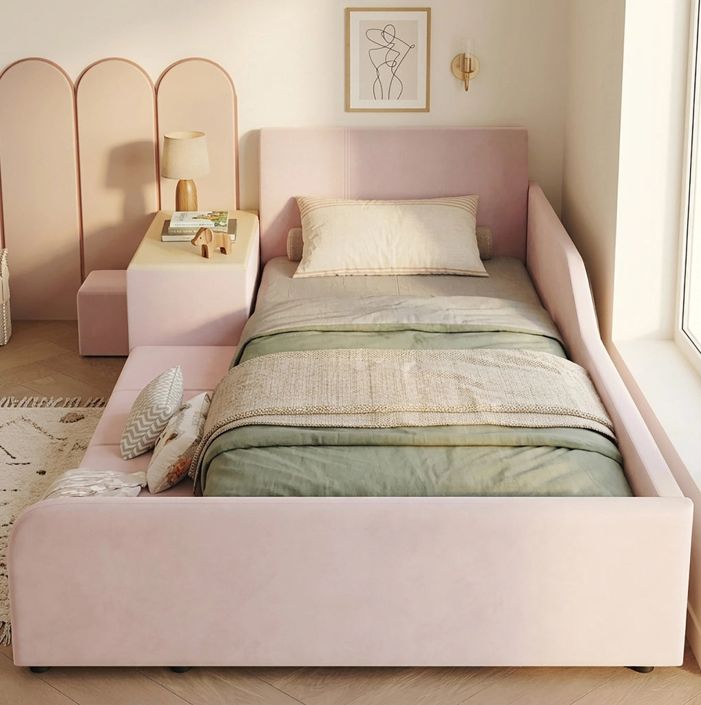 Letto imbottito per bambini 90x200 cm con scrivania, sgabello e ripiano in velluto rosa