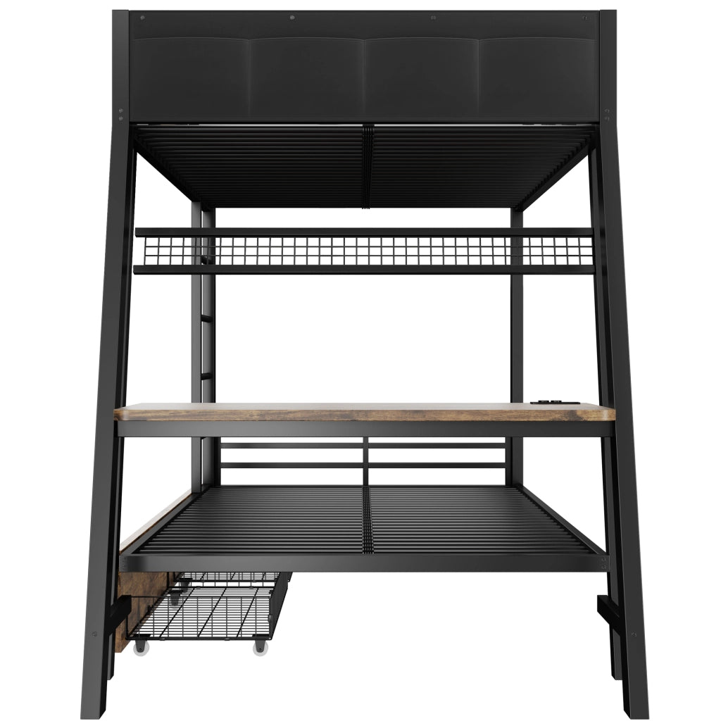 Letto a castello 2 posti per 2 materassi 90 × 200 cm con scrivania, prese, USB e porta tipo C, LED, senza materasso