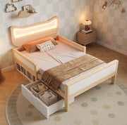 Letto per bambini 90x190 cm con testiera a gatto; LED; cassetto e vano contenitore; bianco e rovere