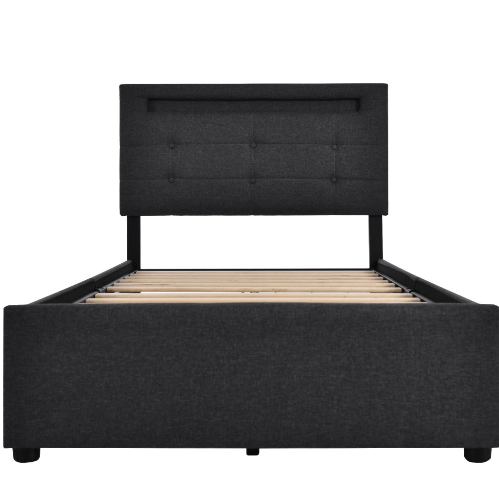 Letto singolo 90x200 cm in lino nero con LED; testiera regolabile e 2 cassetti