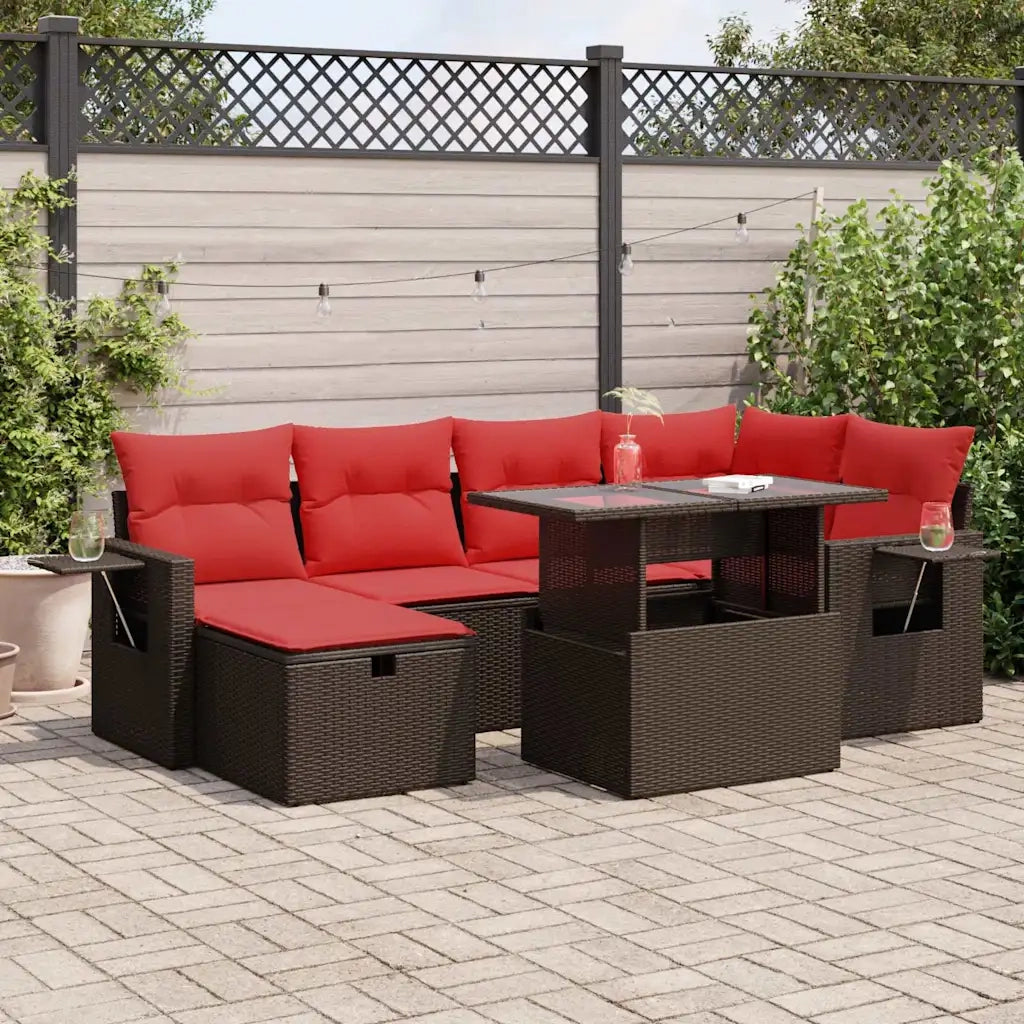 Set Divani da Giardino con Cuscini 7pz Nero Polyrattan Acacia
