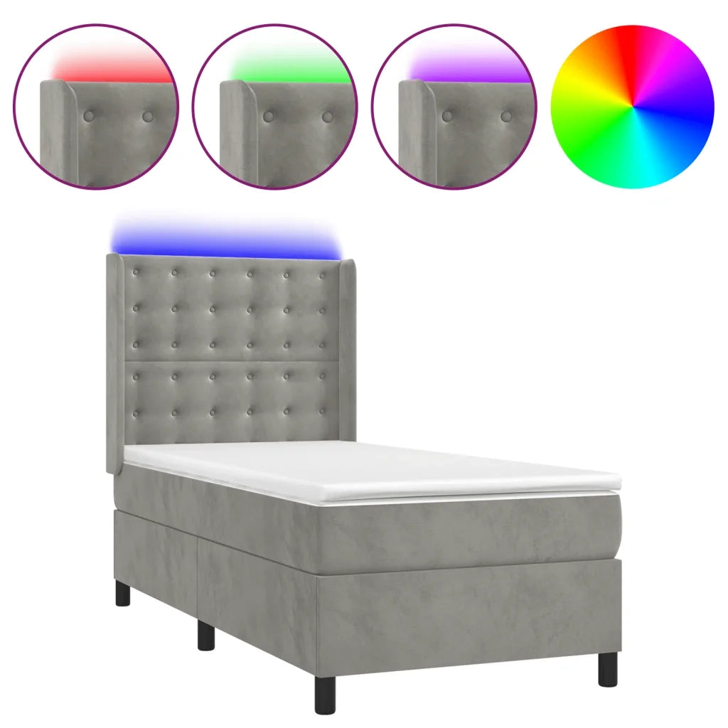 Letto a Molle Materasso e LED Grigio Chiaro 100x200 cm Velluto 3139787