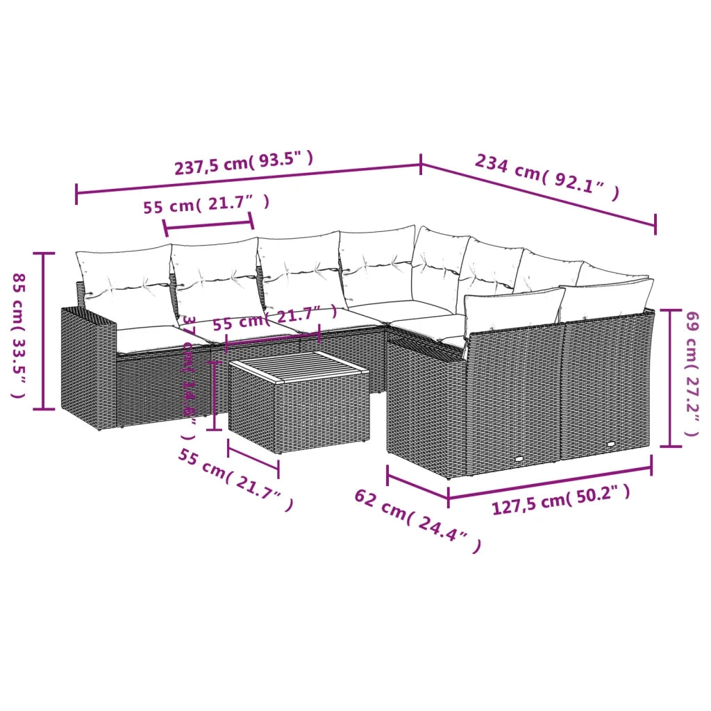 Set Divano da Giardino 9 pz con Cuscini Beige in Polyrattan