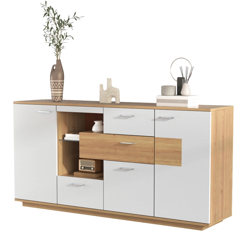Sideboard 160x40x77 cm con illuminazione LED; 2 porte e 4 cassetti in MDF; naturale e bianco