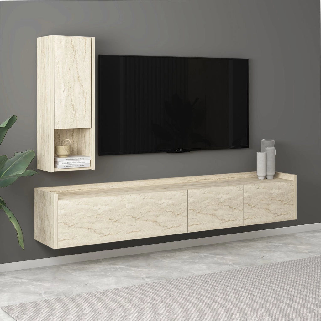 Porta TV in legno "Sema" con mensola a muro - 160 x 30 x 35 cm - Travertino