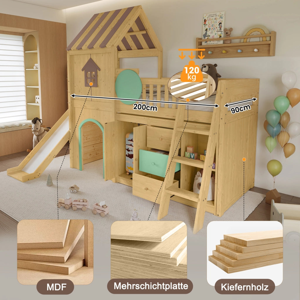DESMIU Lit mezzanine enfant 90 × 200 cm avec toboggan, escalier 3 marches, rangements, sans matelas