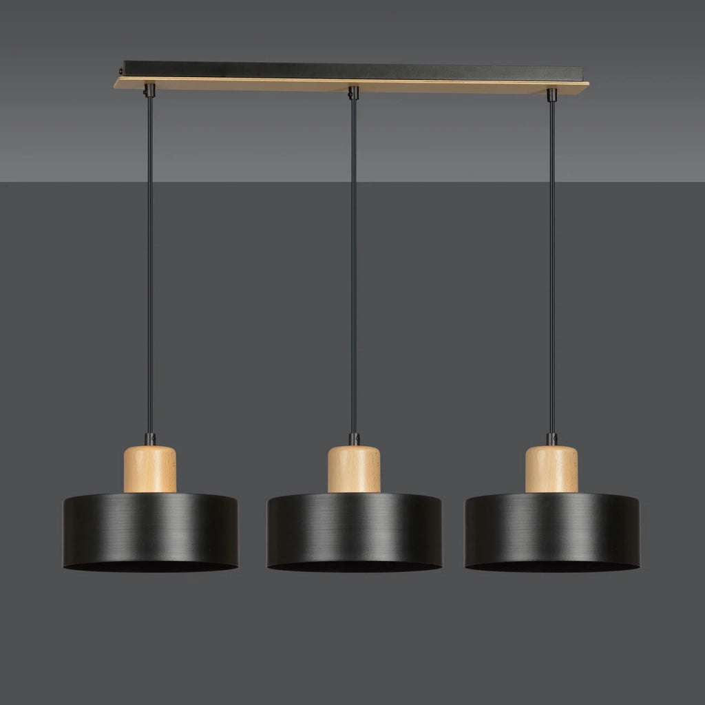 Sospensione Nordica 3 Luci Surya In Acciaio Nero E Legno