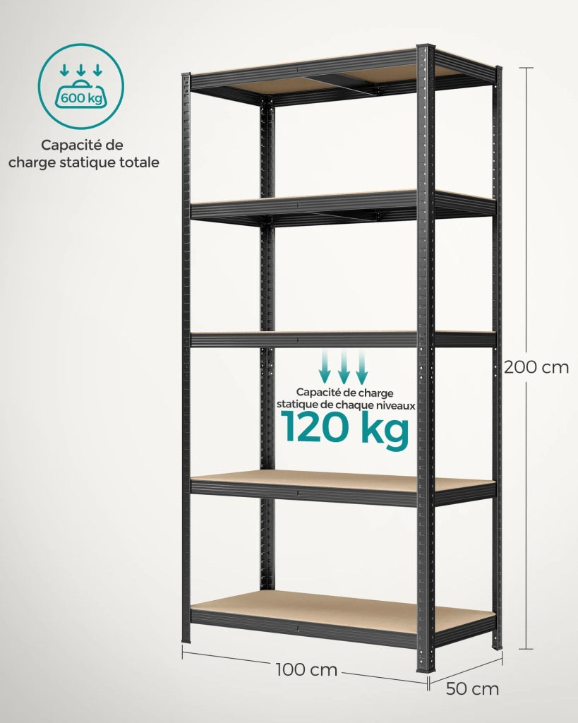 Scaffalatura metallica per carichi pesanti 200 x 100 x 50 cm 5 ripiani portata totale 875 kg (175 kg/ripiano) ripiani regolabili per garage/cantina nero 12_0005588