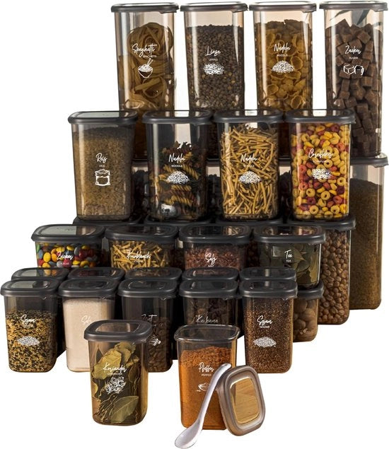 Scatole di conservazione a chiusura ermetica, quadrata, set di 36 scatole per conservare spezie, muesli, farina e zucchero, scatole di conservazione pratiche per cucina e alimenti