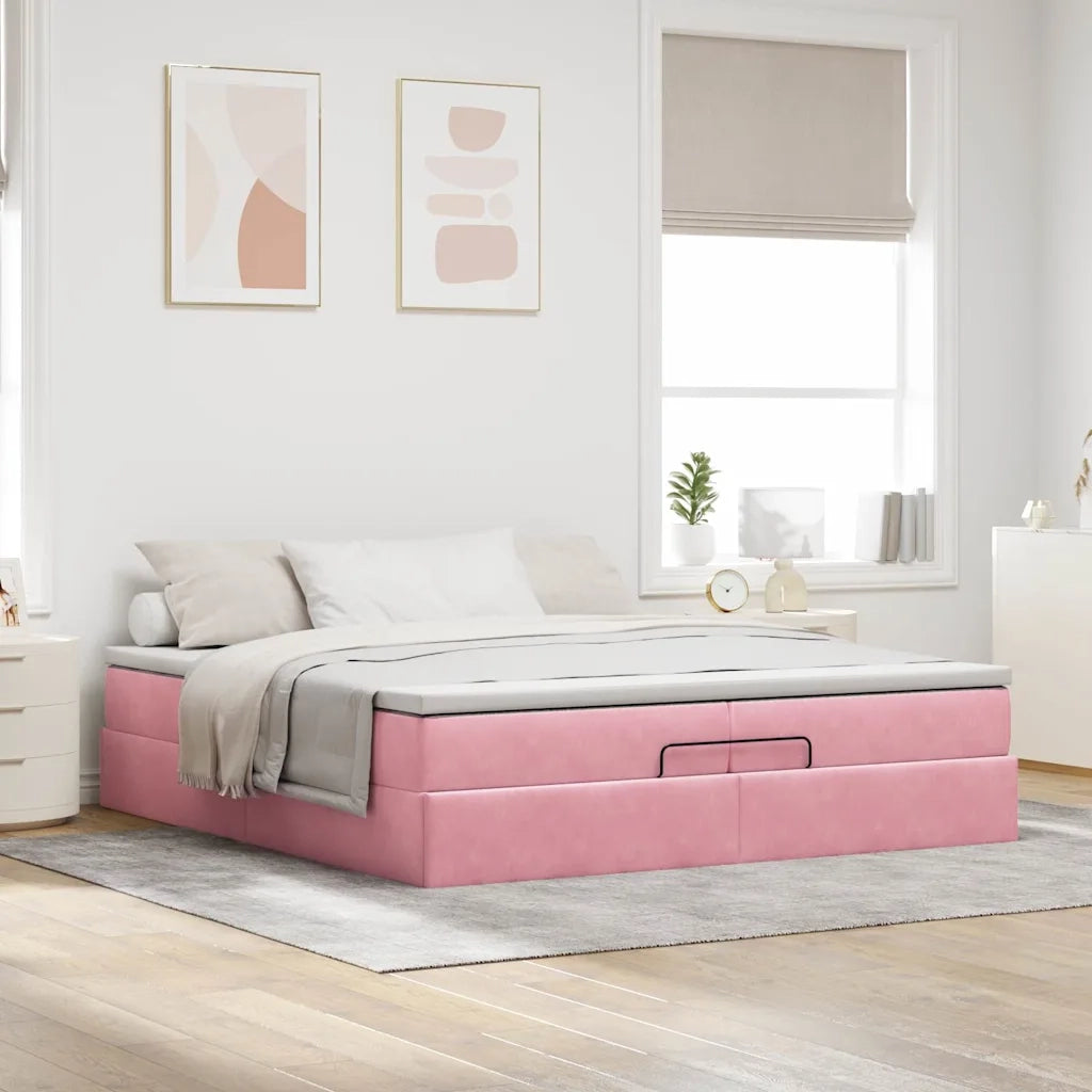 Struttura Letto Pouf con Materassi Rosa 200x200 cm Velluto 3311212