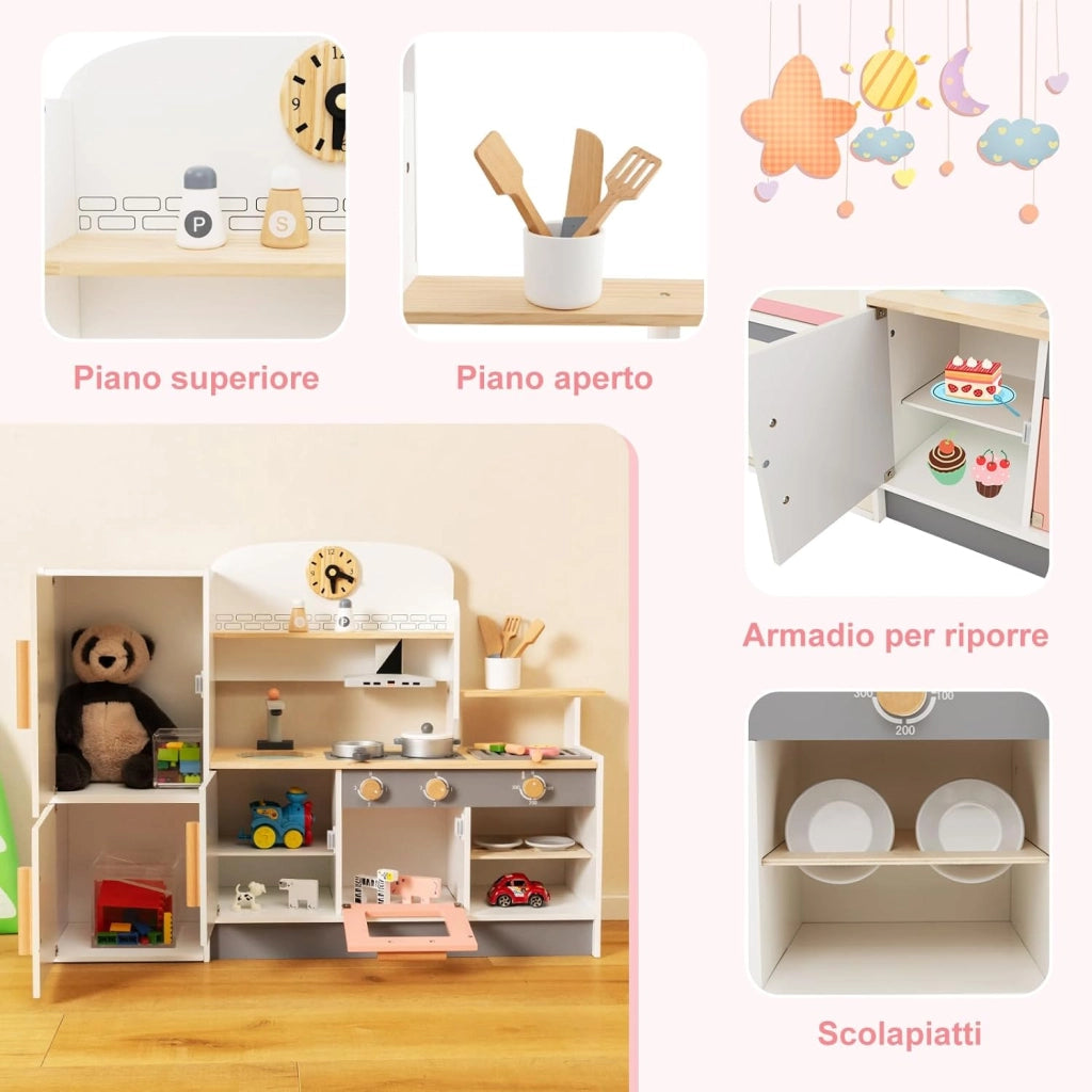 Cucina Giocattolo per Bambini, Set da Cucina in Legno con Cappa Aspirante e Frigorifero Realistici, con Utensili da Cucina in Legno, per Bambini 3+ Anni