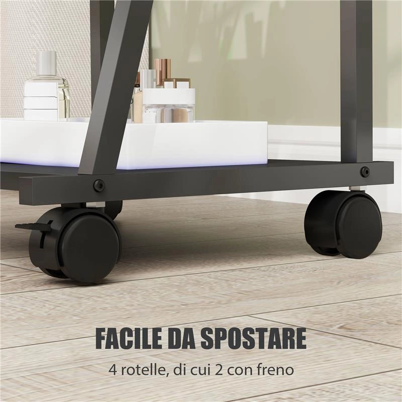 SPECCHIO VERTICALE DA TERRA CON 2 RIPIANI E 4 ROTELLE IN ACCIAIO E LEGNO 42X37X155 CM NERO