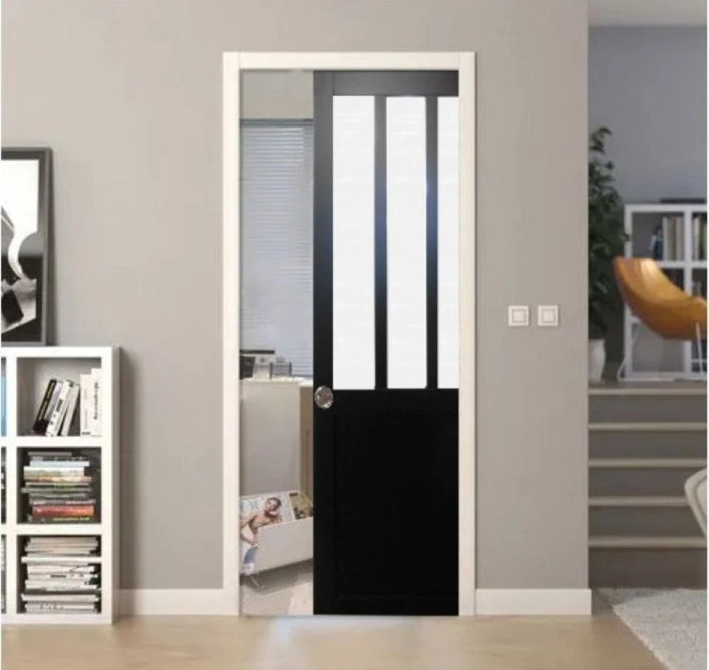 Porta Scorrevole Workshop Nero vetro satinato H204 x L73 + Sistema Pocket e kit di finitura inclusi senza maniglia