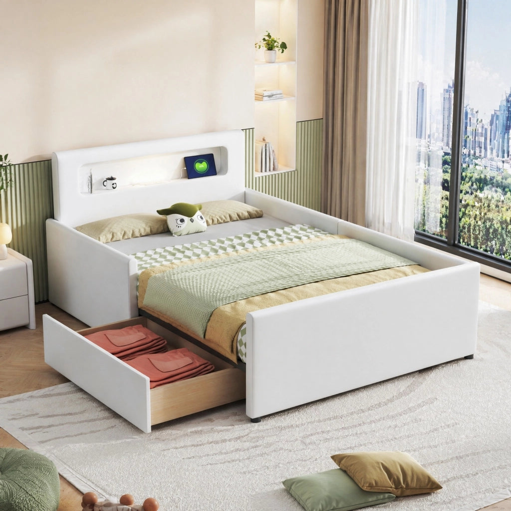 Letto imbottito per bambini 90x200 cm con luce LED; porta USB e cassetti; bianco