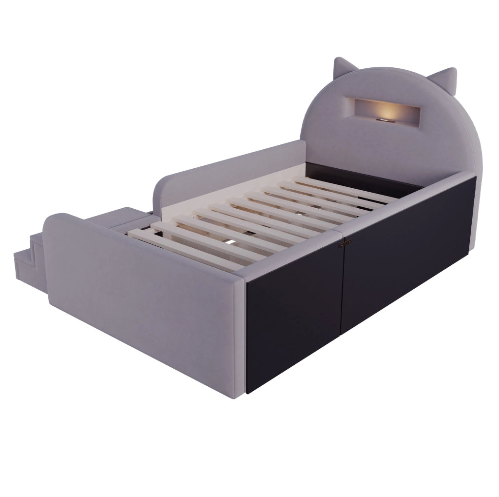 Letto per bambini imbottito 90x200 cm con contenitore, luce notturna USB e cassetti