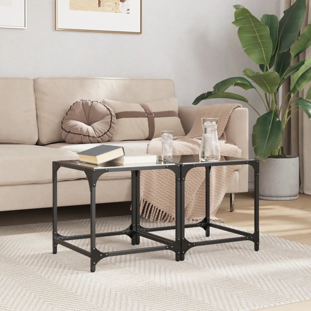 Tavolini da Salotto con Piano Vetro Nero 2pz 40x40x40cm Acciaio