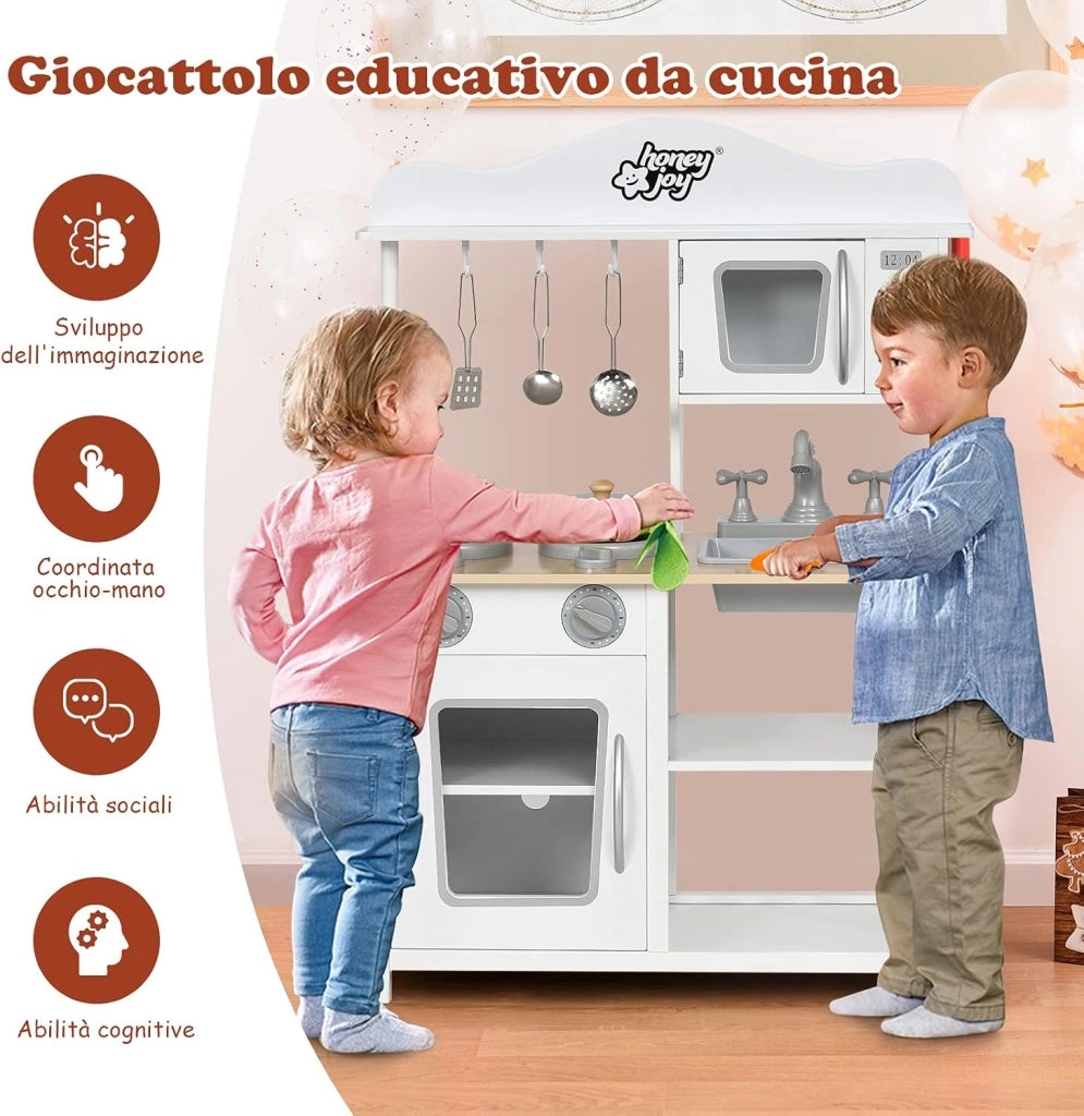 Cucina Giocattolo per Bambini, Cucina per Bambini in Legno con Forno, Microonde, Lavello e Rubinetto, con Accessori, Pentole e Utensili per Cucinare, per bambini 3+ Anni