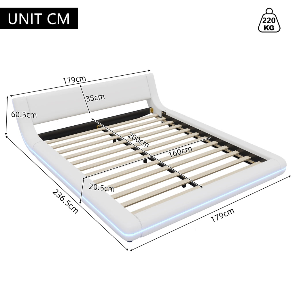 Letto a pavimento 160x200 cm bianco in PU con luci LED regolabili