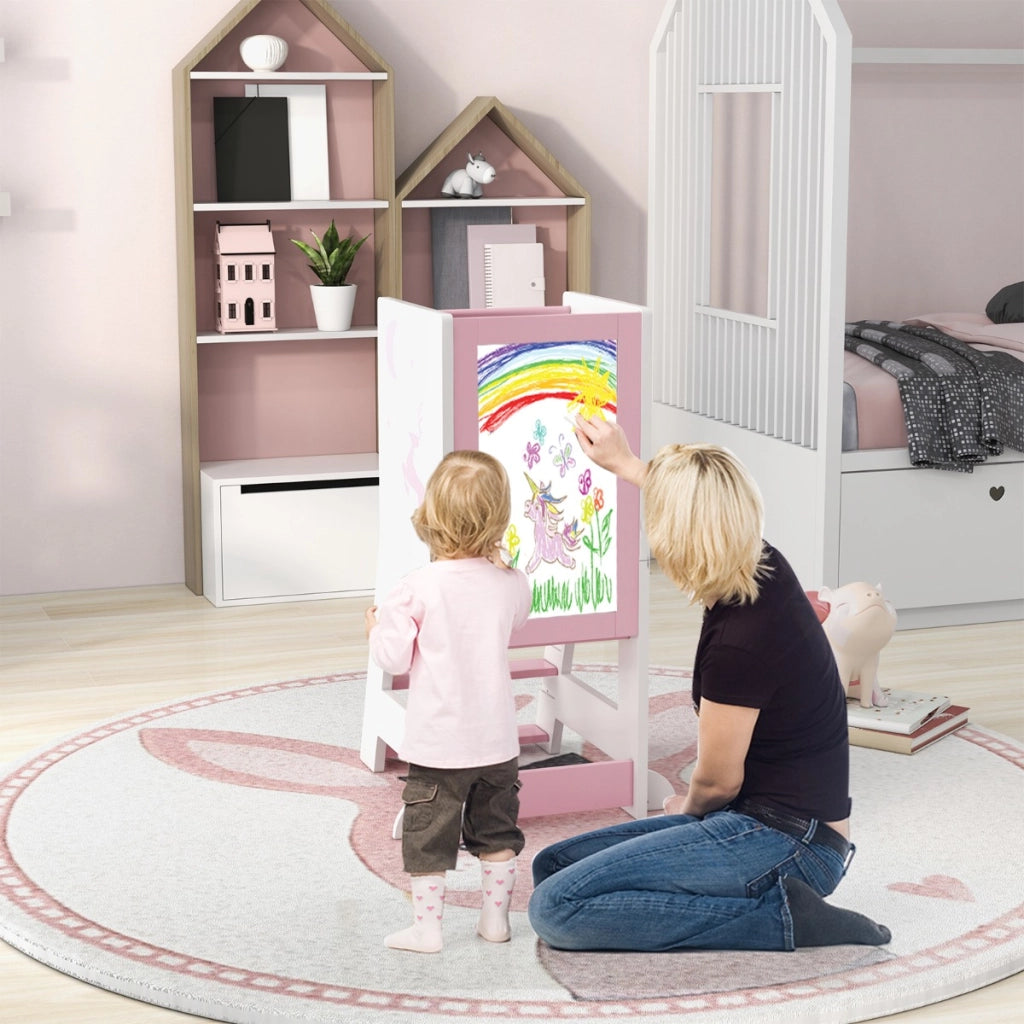 Torre per bambini con 3 penne lavagna bianca e nera piattaforma e gradino regolabili, Sgabello per bambini porta 70kg Rosa-Per i bambini