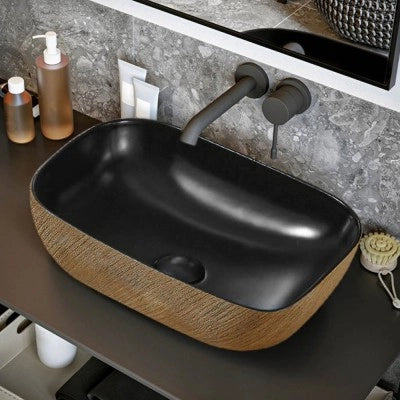 Lavabo da appoggio 45x32 cm in ceramica nero opaco con dettagli oro
