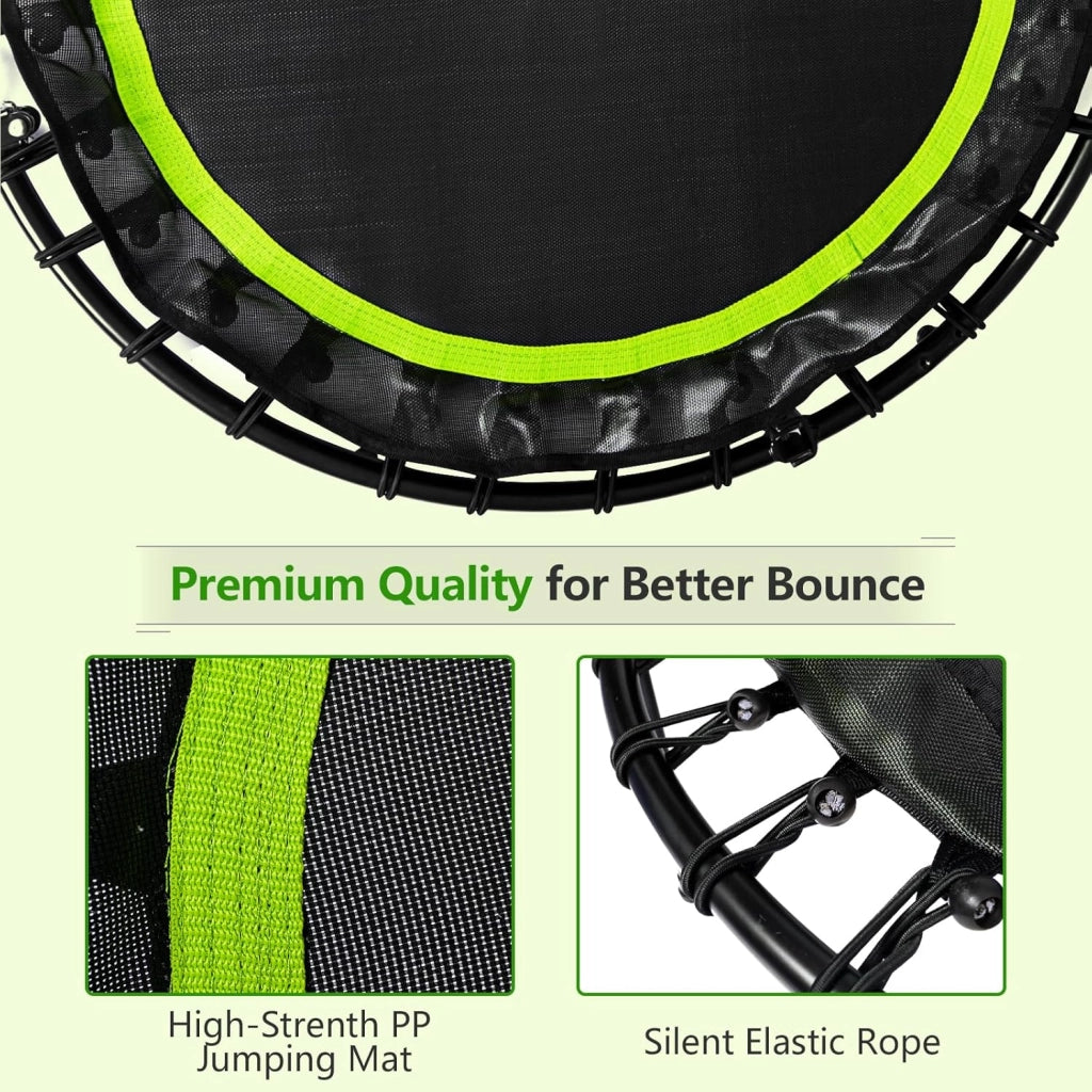 Trampolino Fitness Ø101 cm con Carico di 150 kg, Trampolino Elastico con 2 Fasce di Resistenza e Manico Regolabile in 4 Livelli, Mini Trampolino di Rimbalzo Pieghevole per Adulti e Bambini