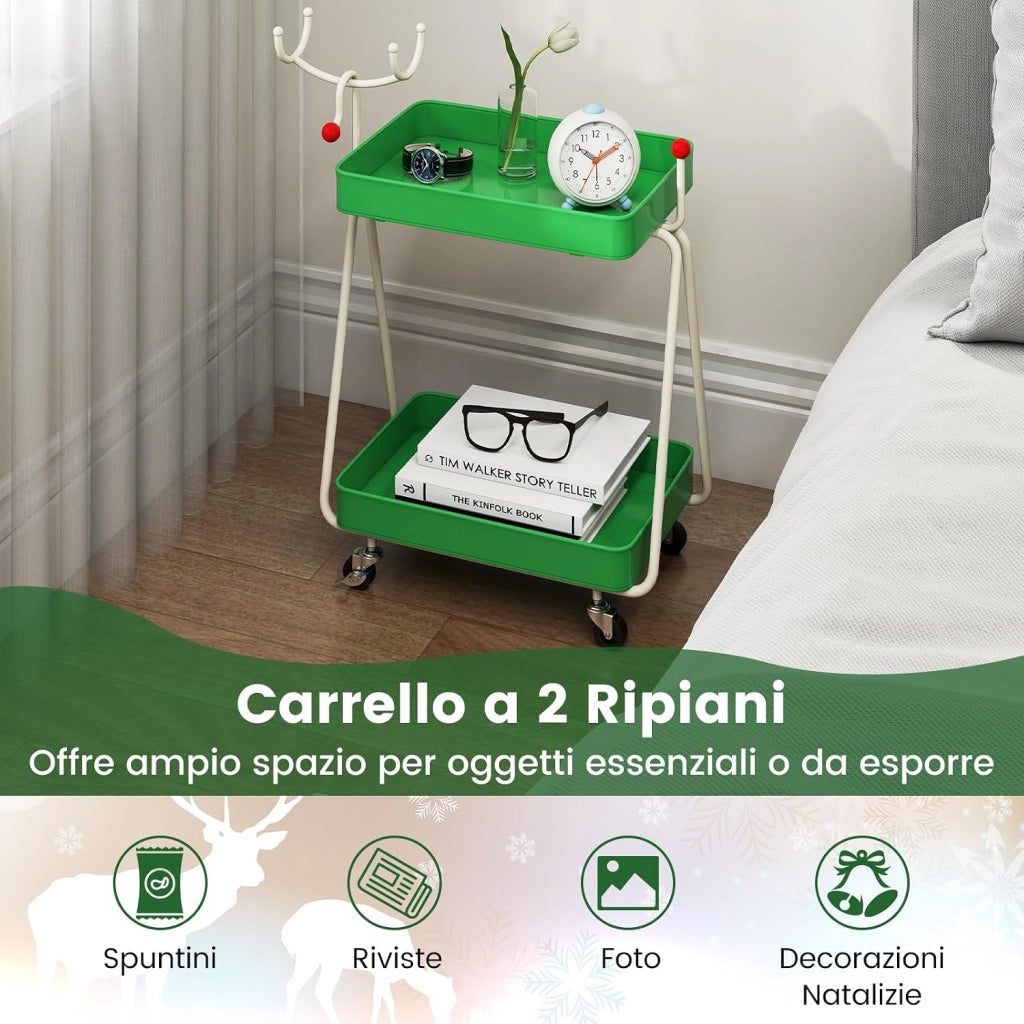 Carrello Portaoggetti con Ruote, Carrello Natalizio a 2 Ripiani con Ganci Superiori e Struttura in Metallo, Scaffale Decorativo di Renne, per Cucina, Soggiorno e Bagno, 55,5 x 28,5 x 66,5 cm