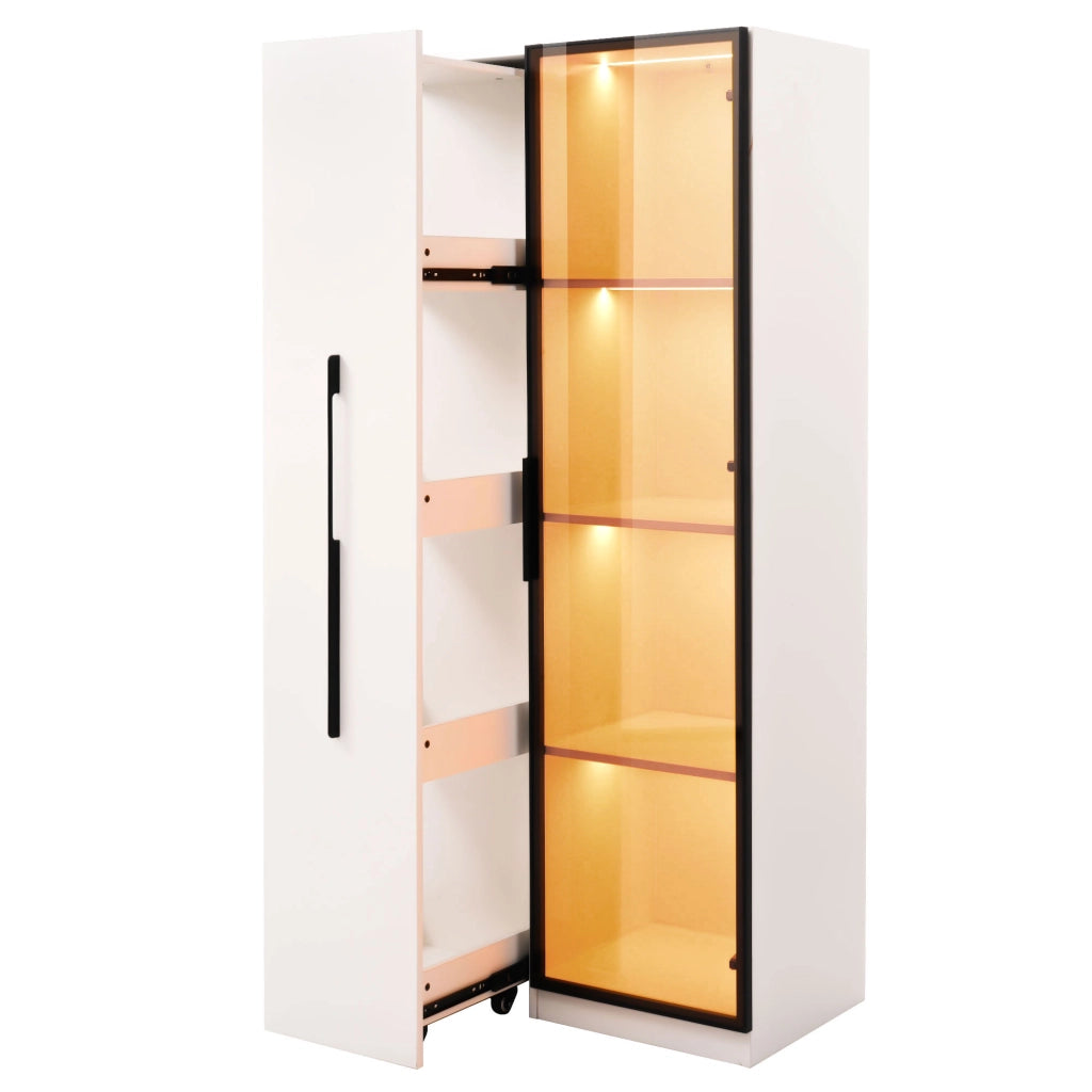 Vetrina con libreria estraibile 70x40x160 cm in MDF bianco con LED, vetro temperato, 1 anta e 2 colli