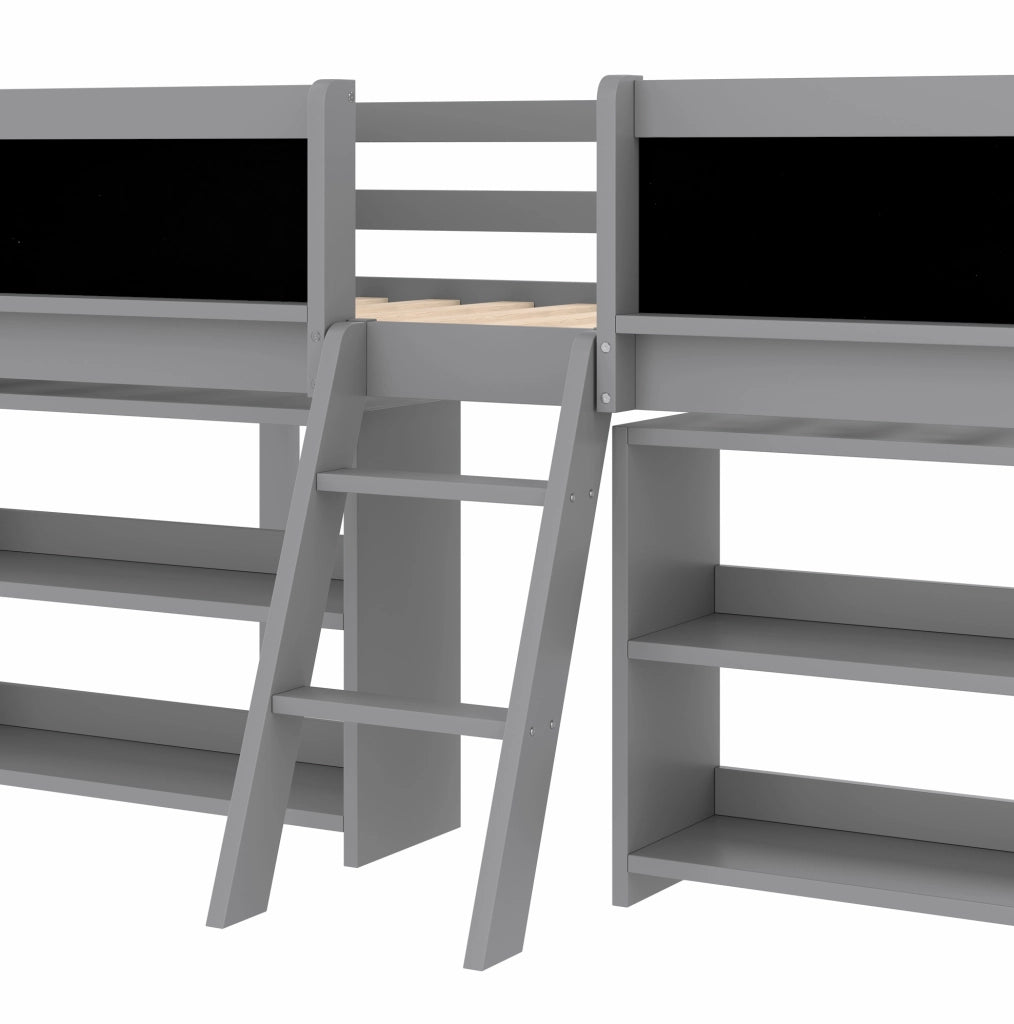 Letto semipiano 90x200 cm con scomparti portaoggetti; sponda di sicurezza e lavagna; in legno di pino e MDF; grigio