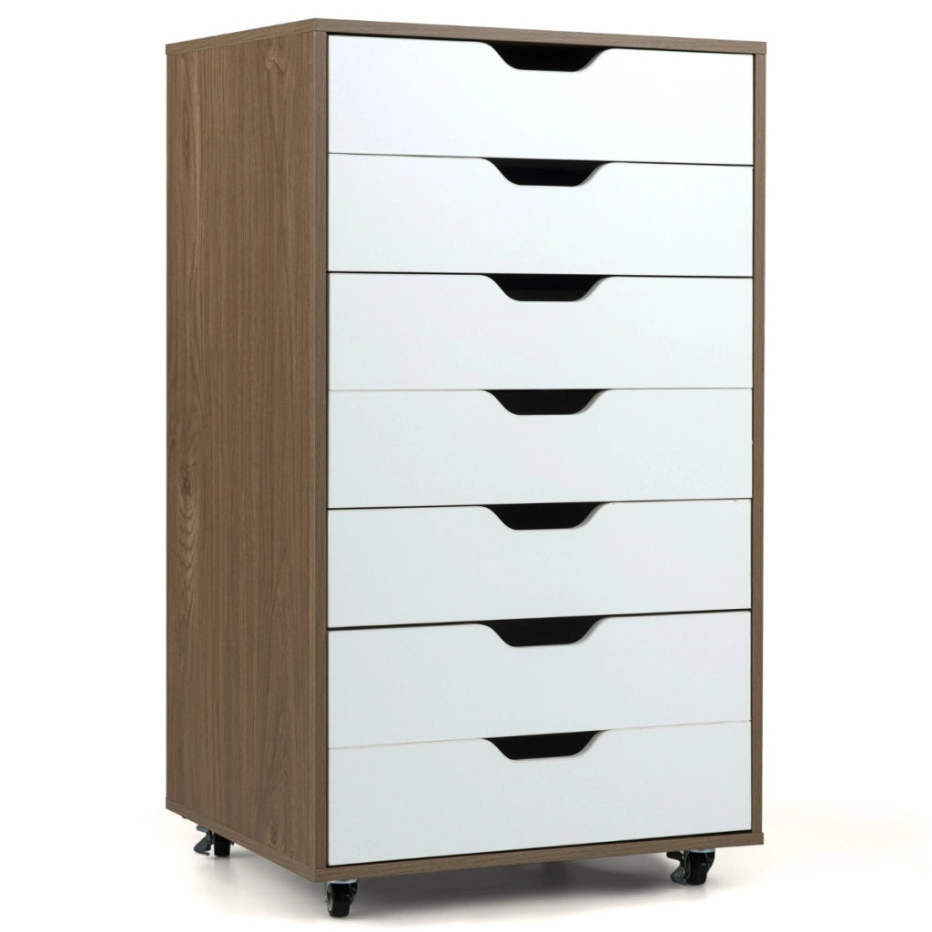 Mobile con 7 cassetti organizzatore di documenti mobile con 4 ruote girevoli universali, Mobile com¨° verticale in legno Bianco-Cassettiere