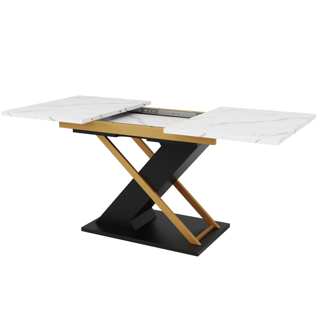 Tavolo da pranzo 120-160x80x75.4 cm allungabile; MDF effetto marmo nero con gambe incrociate