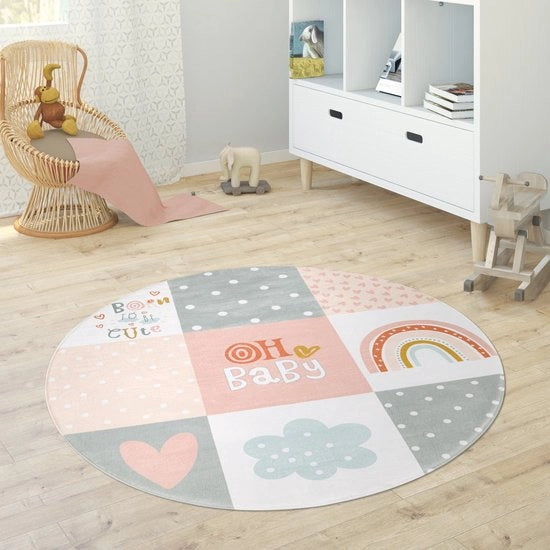 Tappeto per bambini con tema stelle, luna, elefante e arcobaleno Ø 120 cm, circolare