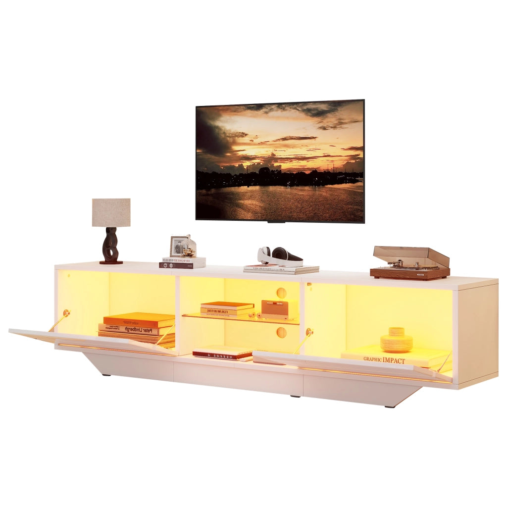 Mobile TV sospeso 160 cm in finitura lucida bianca con LED RGB e ampio spazio contenitivo