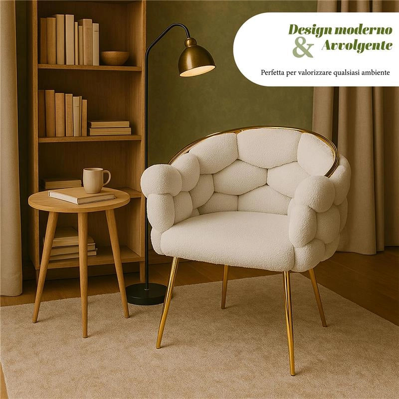 POLTRONA IMBOTTITA IN TESSUTO TEDDY CON STRUTTURA IN METALLO ORO DIMENSIONI 71X46X82H CM COLORE BIANCO