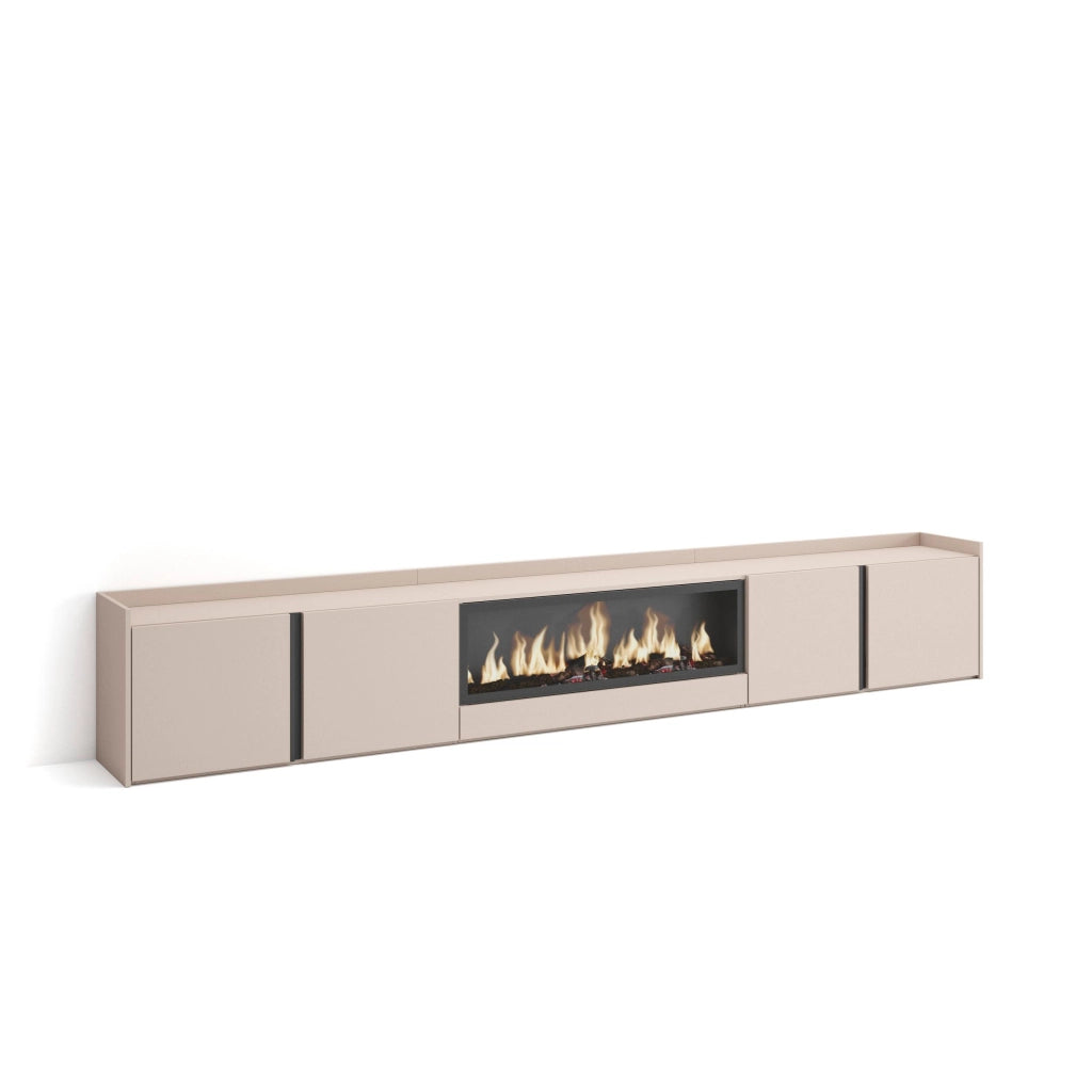 Mobile TV Soggiorno, 315x50x35 cm, Per TV fino a 80", Camino elettrico XXL, Beige