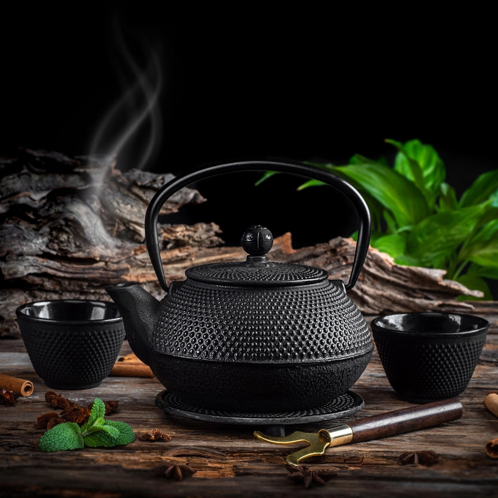 Teiera in ghisa KADAX con infusore per tisane, capacità 850 ml + 2 tazze, colore nero.