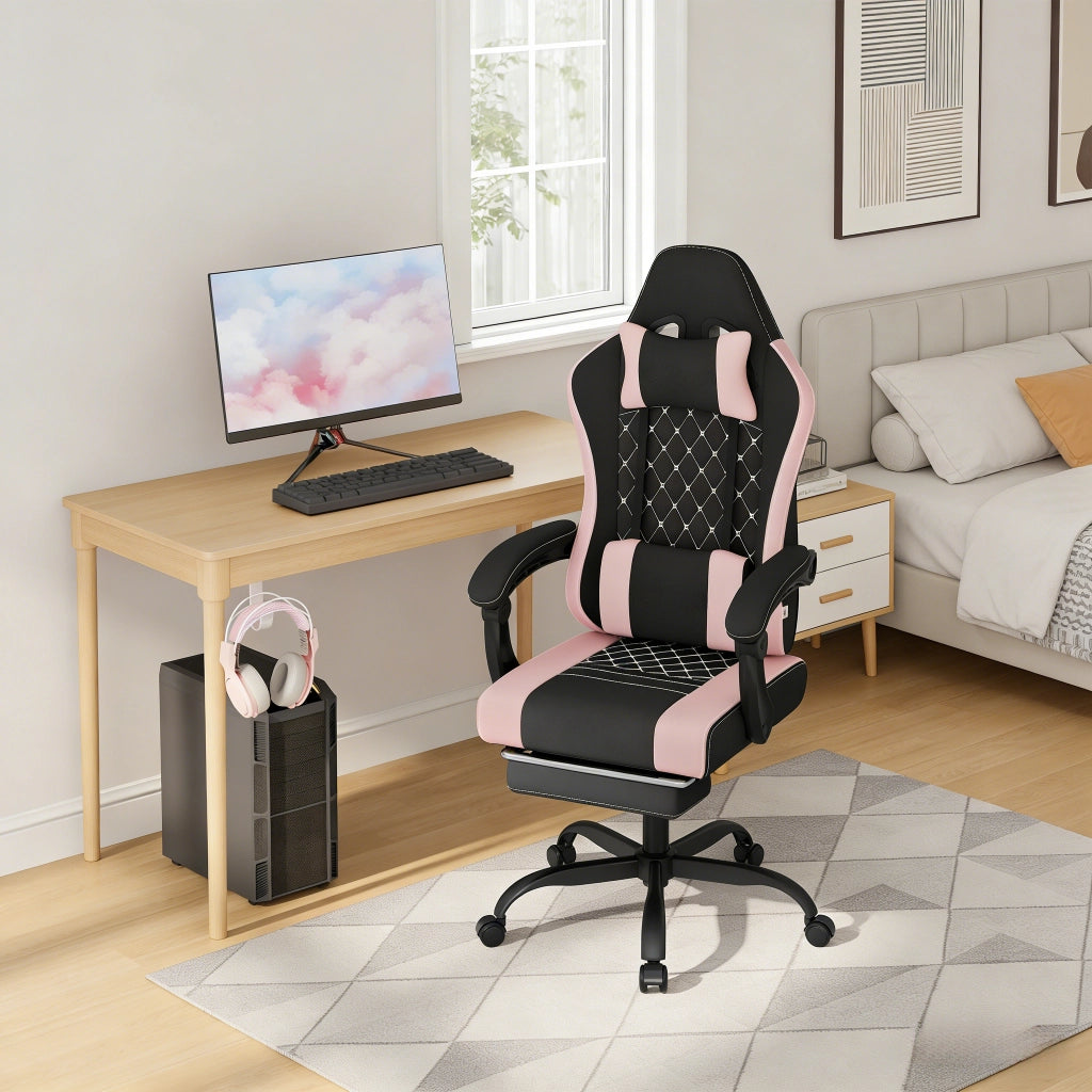 Sedia gaming ergonomica con massaggio lombare e poggiapiedi in tessuto mesh nero e rosa