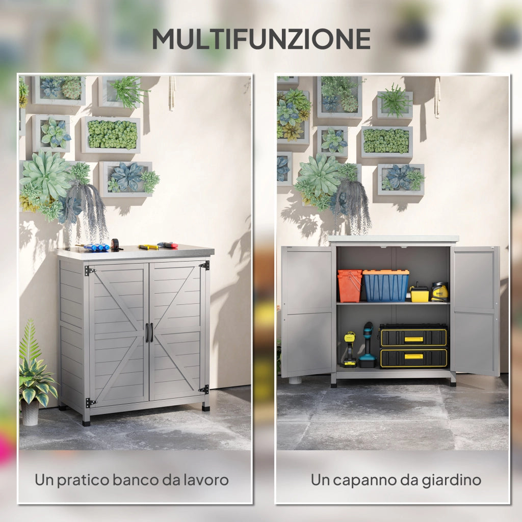 Armadio da Giardino con Ripiano e Banco da Lavoro ¨C Zephmum ¨C Legno e Acciaio, 79x43x92 cm, Grigio