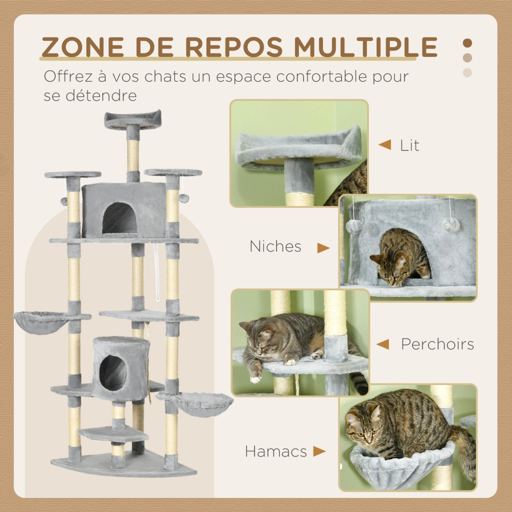 Albero per gatti XXL con 6 piattaforme e 2 nicchie ¨C Zephmum ¨C Grigio 200 cm