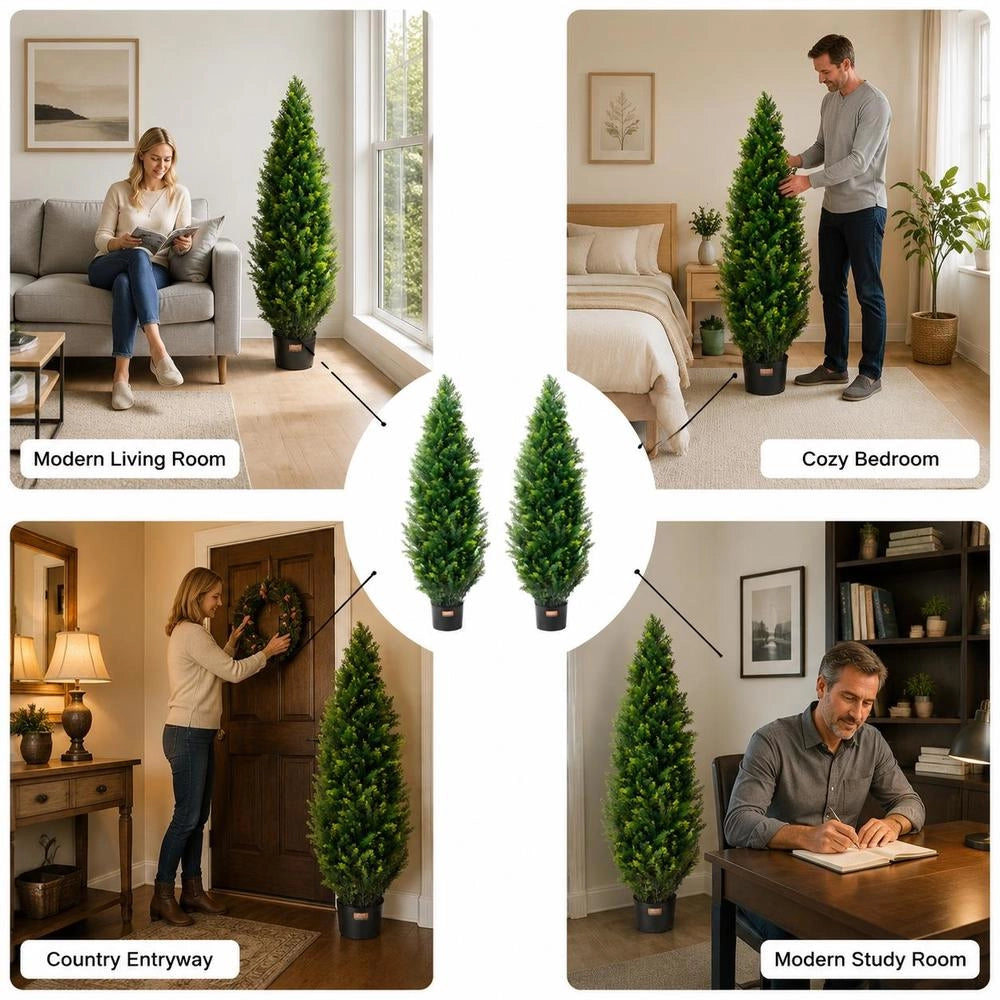 Artificial Topiary Cedar Tree, 152.4 Cm Tall (2 Pieces), With Extra Leaves And Pot, Artificial Evergreen Pine-cypress Plant, UV-protected Artificial Greenery Set