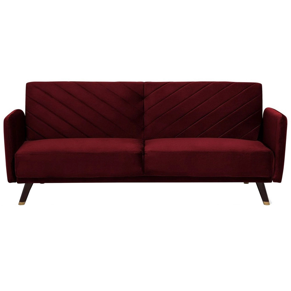 Divano Letto Tessuto Velluto Rosso Scuro Soggiorno Moderno 3 Posti Gambe In Legno Braccio A Pista