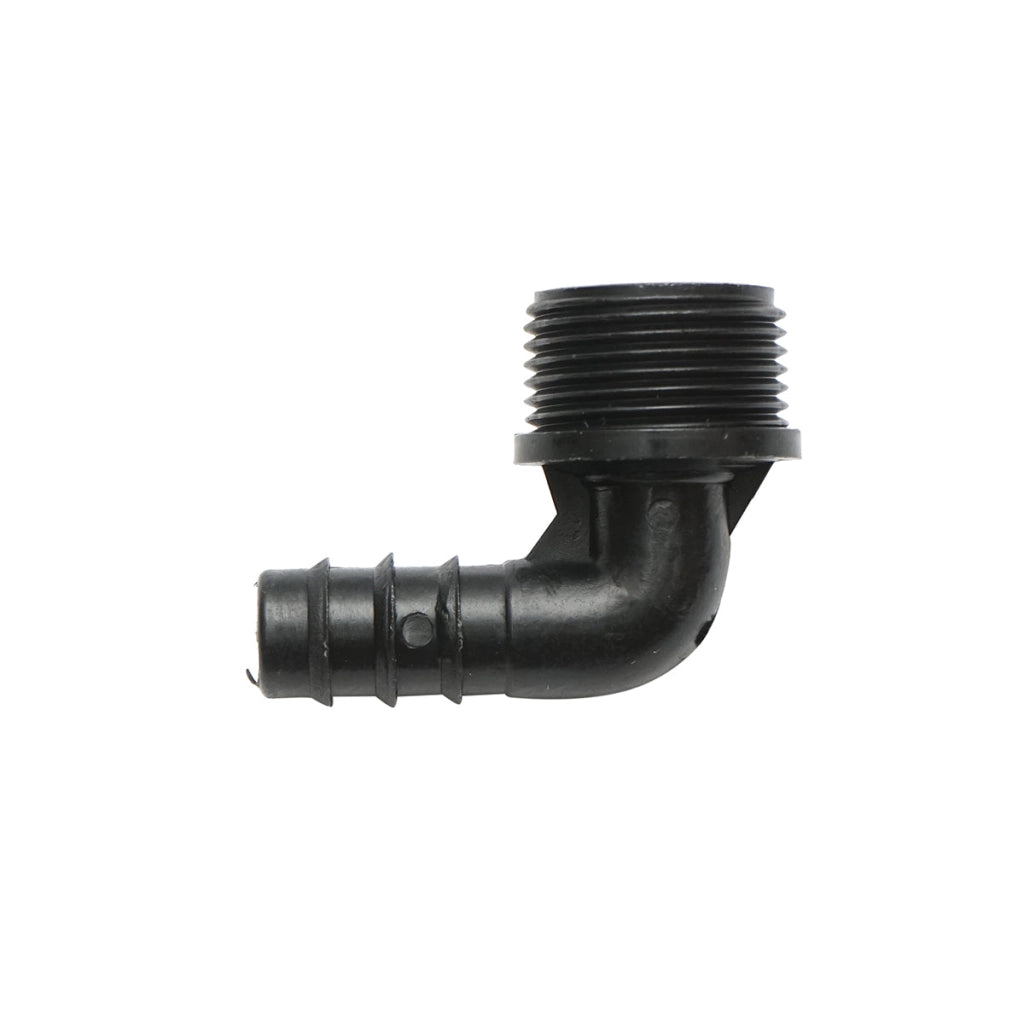 Gomito per tubo di gocciolamento con filettatura esterna D16mm x 3/4 per sistemi di irrigazione.