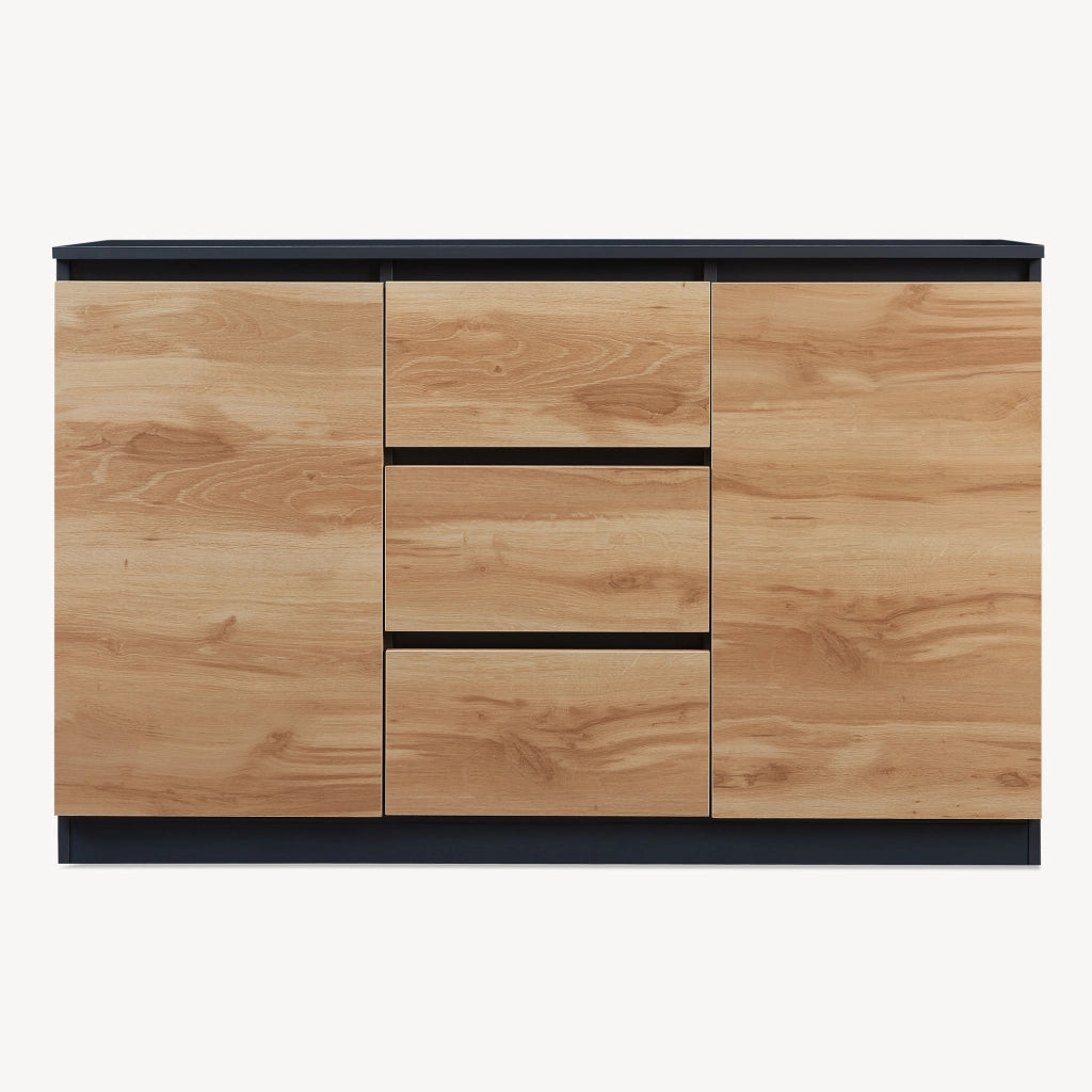 Credenza Mobile Contenitore Kyr Comò con 2 Ante e 3 Cassetti 120 x 35 x 75 cm - Nero/Effetto Rovere Rustico [en.casa]