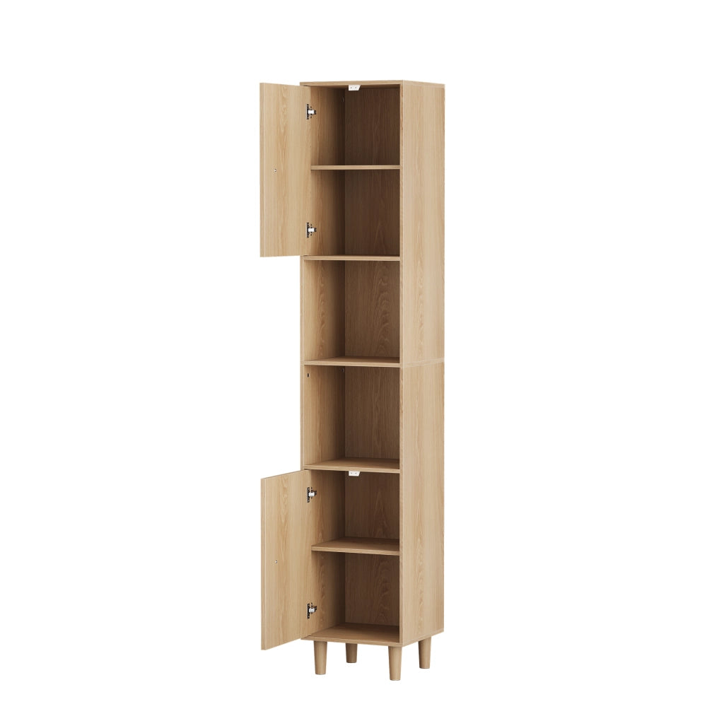 Armadio alto bagno 32x30x169 cm con ante scanalate e maniglie dorate in MDF naturale