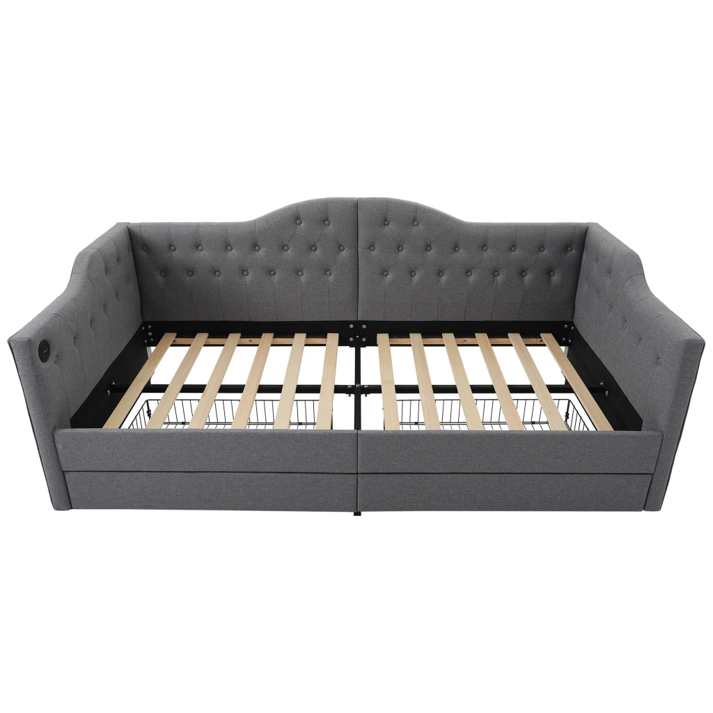 Letto daybed imbottito 90x200 cm in tessuto grigio con 2 cassetti, porta USB e Type-C, senza materasso