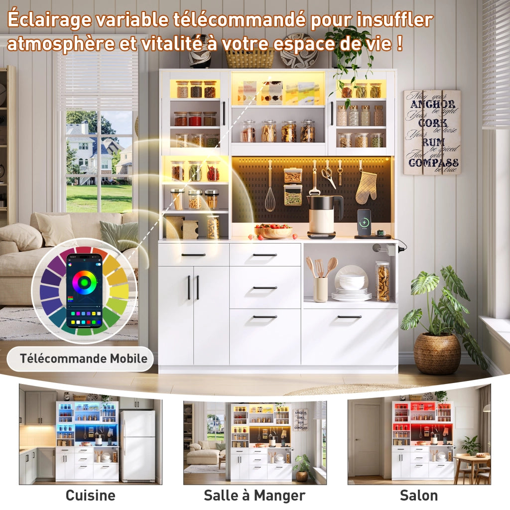 Credenza da cucina alta con piano di lavoro; 5 cassetti; ante in vetro temperato; LED RGB e prese; per cucina; bianco
