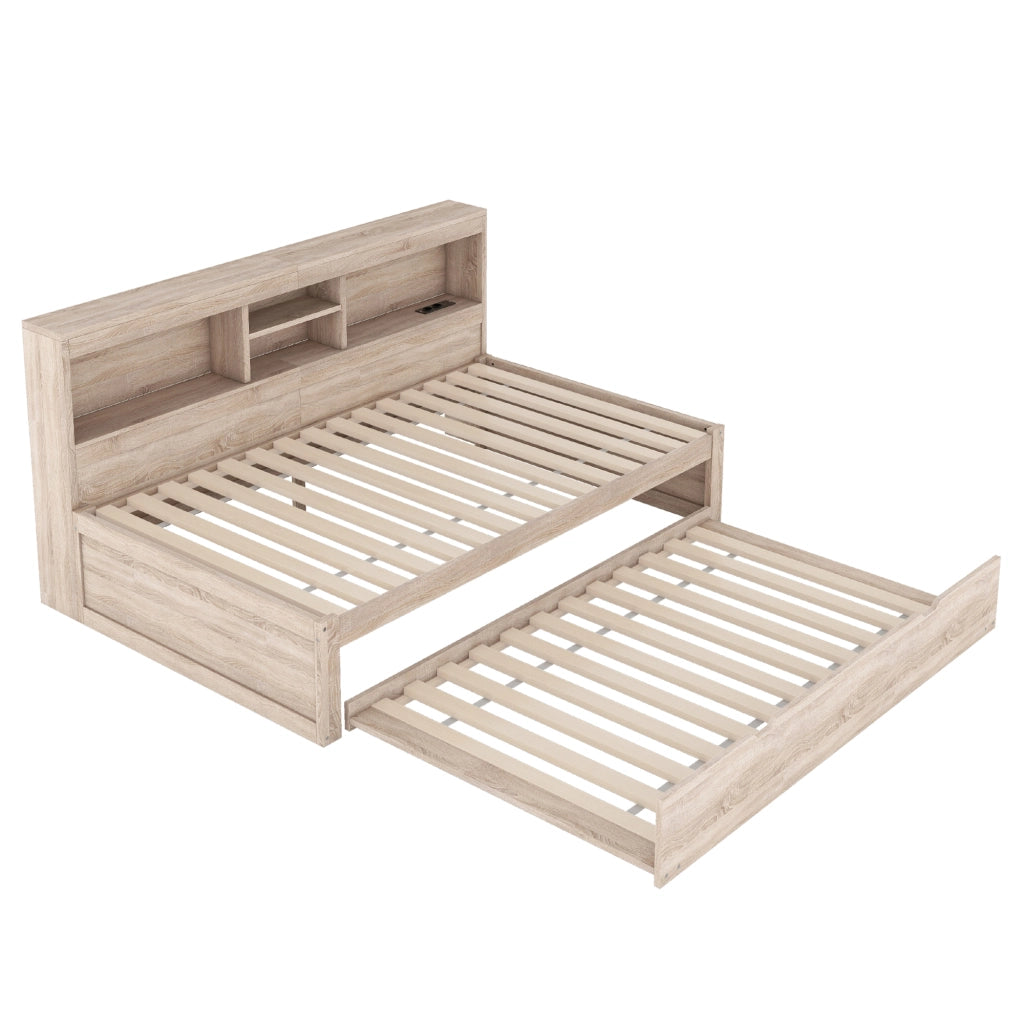 OKWISH Letto a Divano 90×200 cm, Letto Singolo con LED Regolabile, Presa e USB, Letto Estraibile 90×190 cm, senza Materasso, Naturale