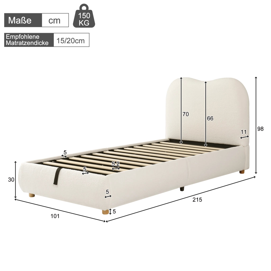 OKWISH Letto Contenitore 90×200 cm, Letto Singolo con Contenitore, Testiera Imbottita e Rete Inclusa, senza Materasso, Bouclé Beige