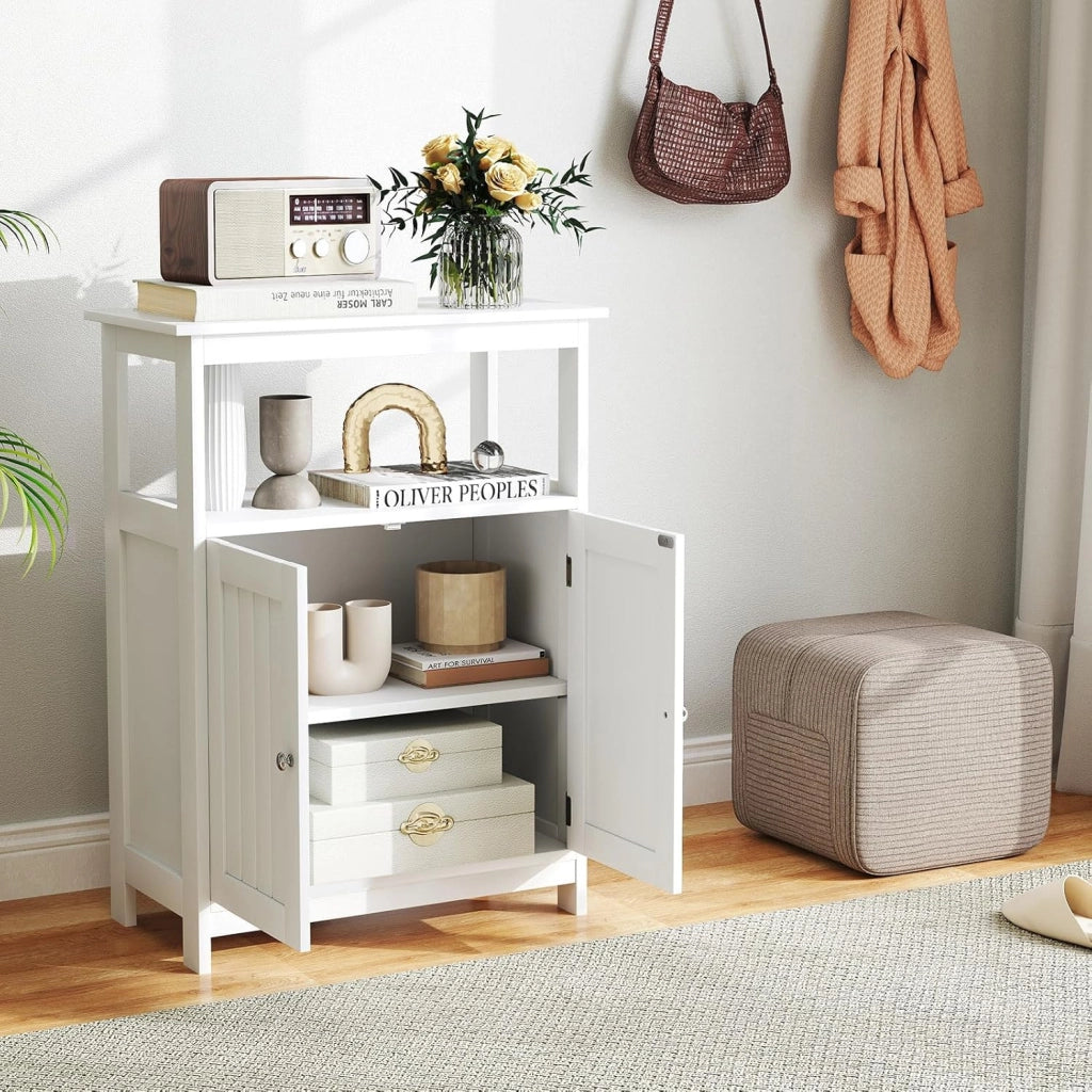 Armadietto da bagno con ripiano aperto e doppia porta, 60 x 30 x 80 cm, con sistema di sicurezza ribaltabile, armadietto multiuso per soggiorno, bagno e cucina (bianco)