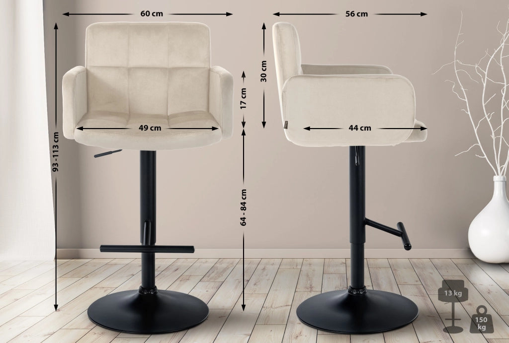 Set di 2 sgabelli da bar Los Angeles in velluto crema,nero